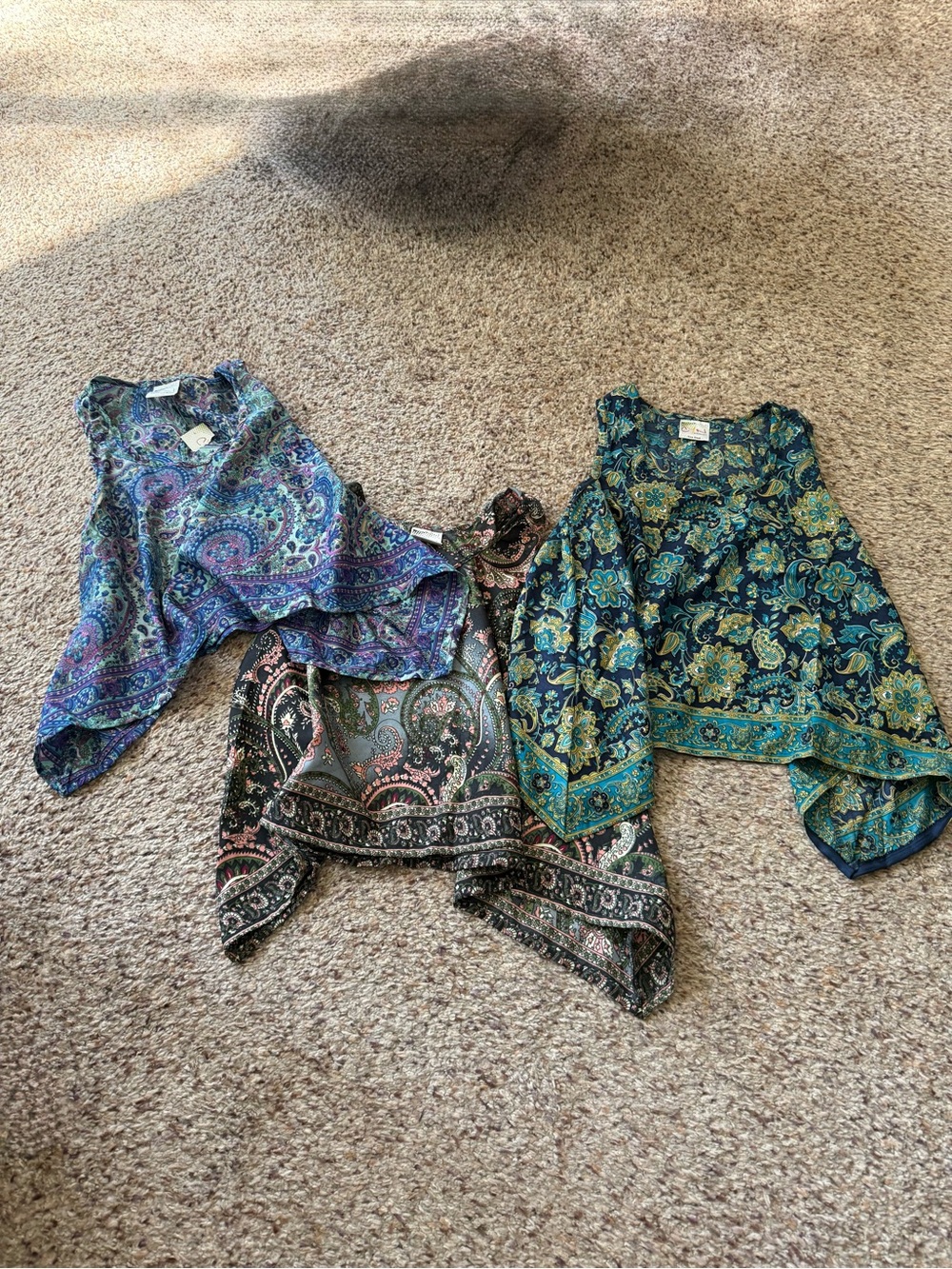 Boho Paisley Sleeveless Handkerchief Hem Tops - Blue & Teal Mix
